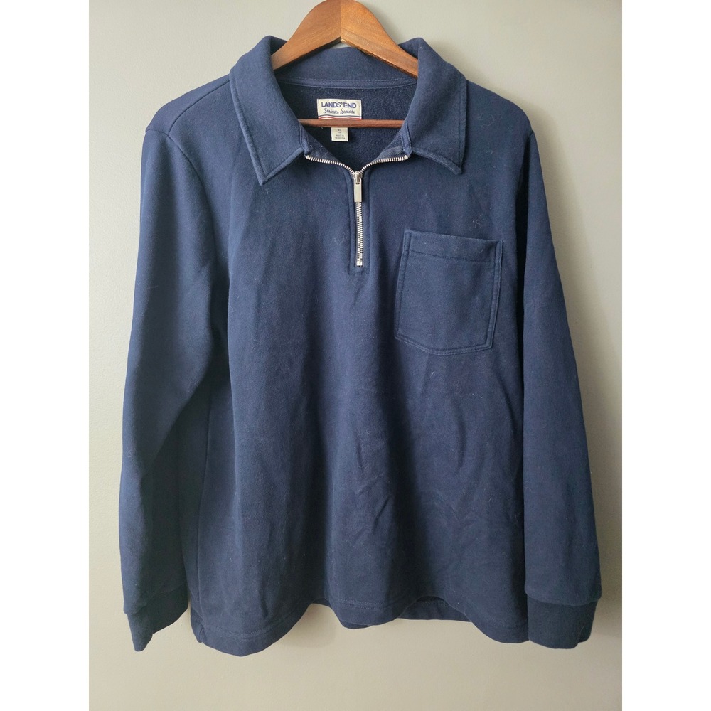 Lands End Serious Sweats Navy Blue Quarter Zip Pullover Sweatshirt XL 18